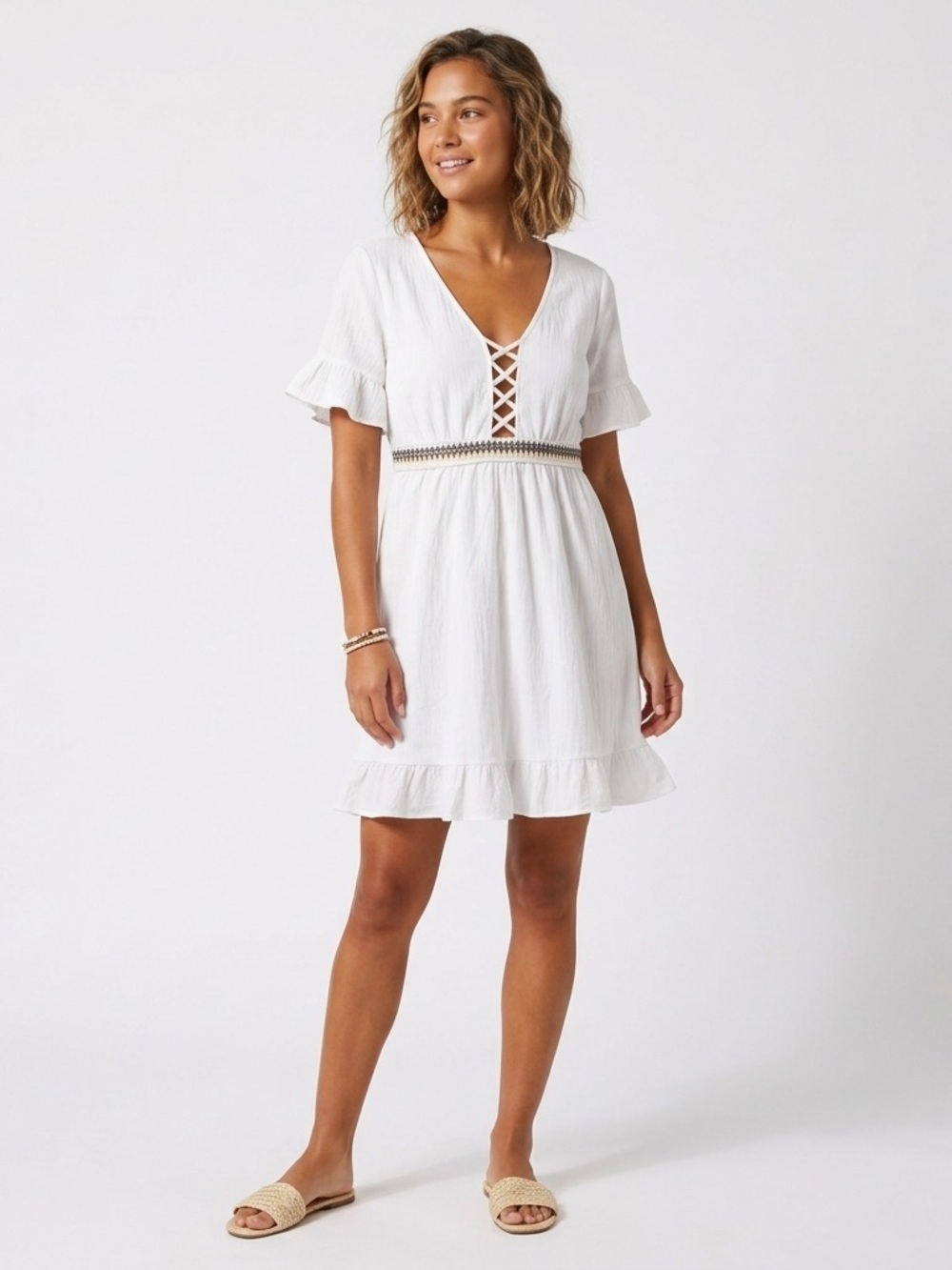 BMJL White Boho Mini Dress Lace Up Front Flutter Sleeve Size L NWT